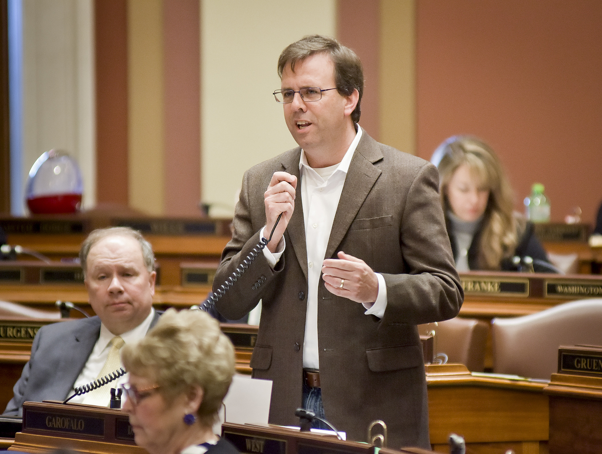 Rep. Pat Garofalo presents the conference committee report on the omnibus jobs and energy bill Monday morning on the House Floor. Photo by Andrew VonBank